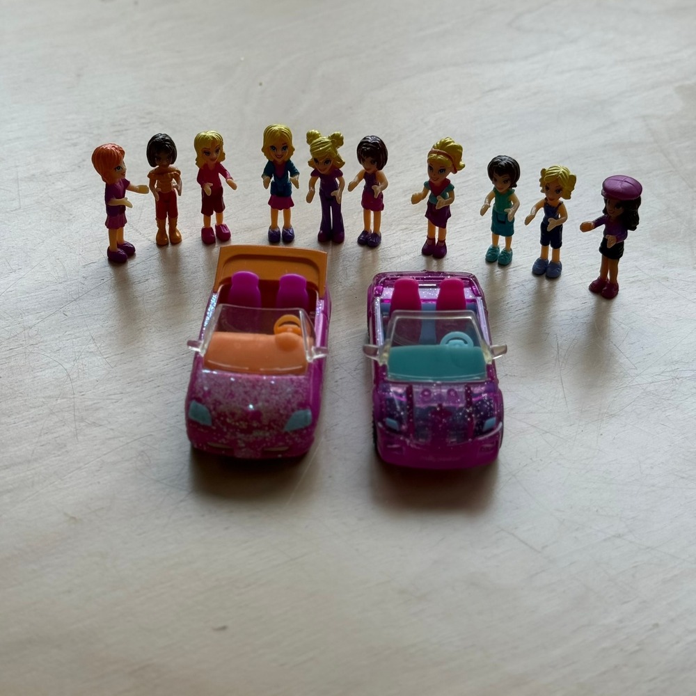 Mattel Polly Pocket 2007 Glitter Cars and 10 Doll Figure Lot J1879 J1878